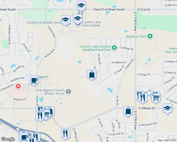 map of restaurants, bars, coffee shops, grocery stores, and more near 103 East Granger Place in Broken Arrow