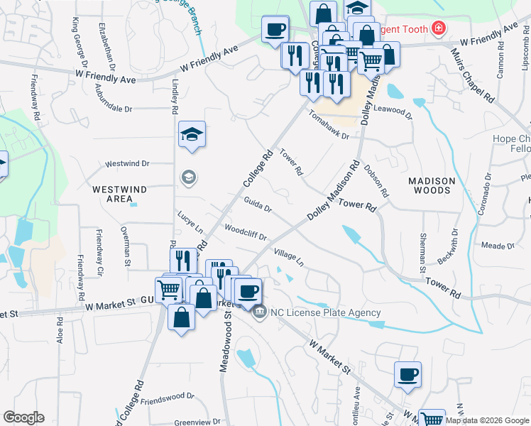 map of restaurants, bars, coffee shops, grocery stores, and more near 5611 Guida Drive in Greensboro