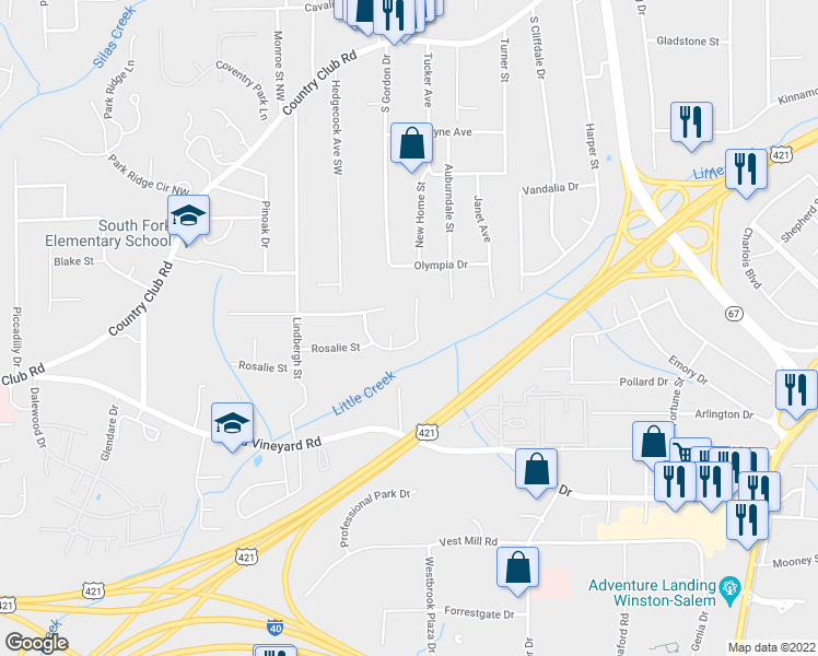 map of restaurants, bars, coffee shops, grocery stores, and more near 460 Creekway Drive Southwest in Winston-Salem