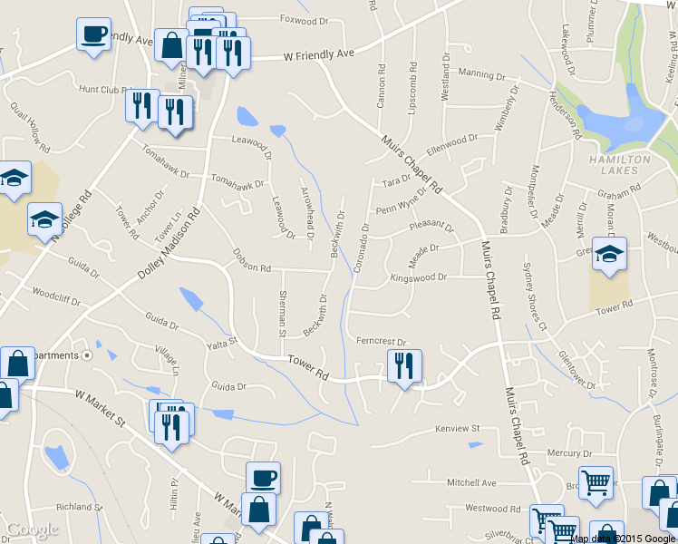 map of restaurants, bars, coffee shops, grocery stores, and more near 630 Beckwith Drive in Greensboro