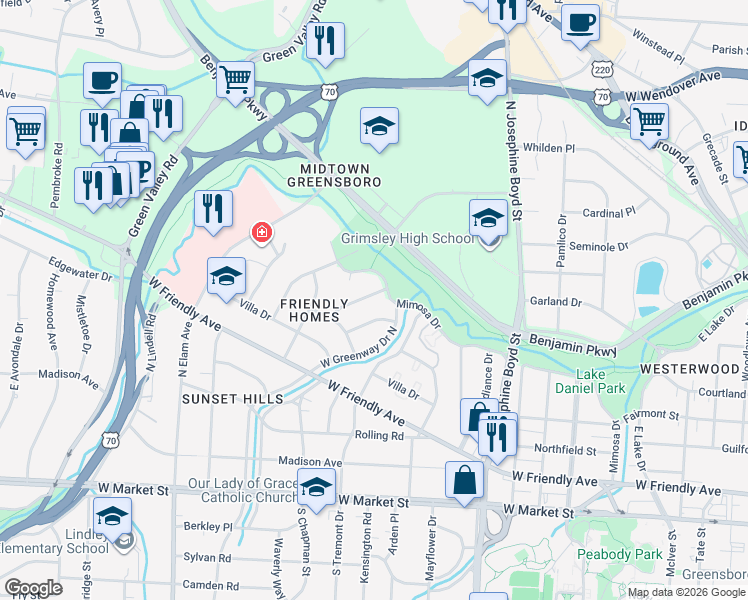 map of restaurants, bars, coffee shops, grocery stores, and more near 612 Catalina Drive in Greensboro
