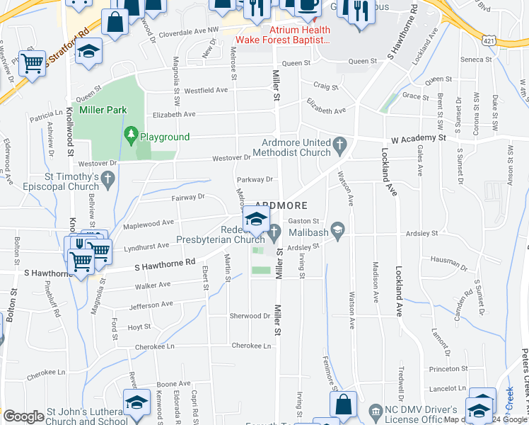 map of restaurants, bars, coffee shops, grocery stores, and more near 924 South Hawthorne Road in Winston-Salem