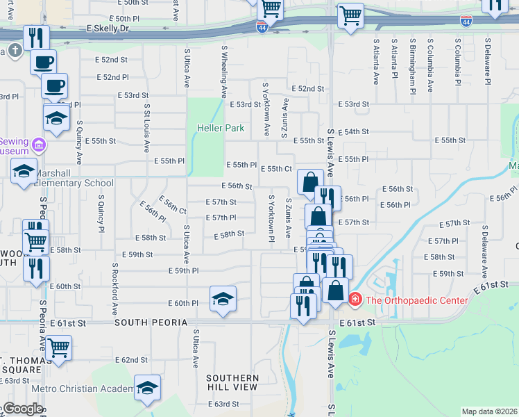 map of restaurants, bars, coffee shops, grocery stores, and more near 5709 South Yorktown Avenue in Tulsa