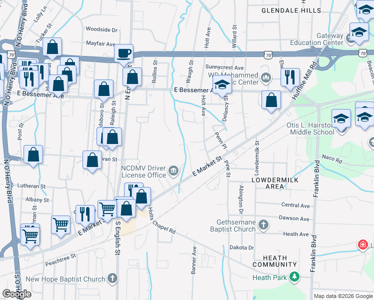 map of restaurants, bars, coffee shops, grocery stores, and more near 2607 East Market Street in Greensboro