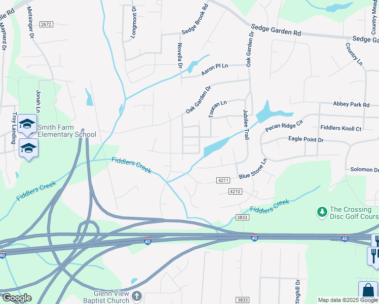 map of restaurants, bars, coffee shops, grocery stores, and more near 5123 Fiddlers Run Drive in Kernersville