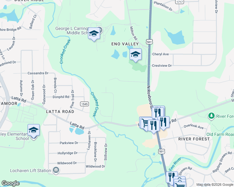 map of restaurants, bars, coffee shops, grocery stores, and more near 5040 McKittrick Lane in Durham