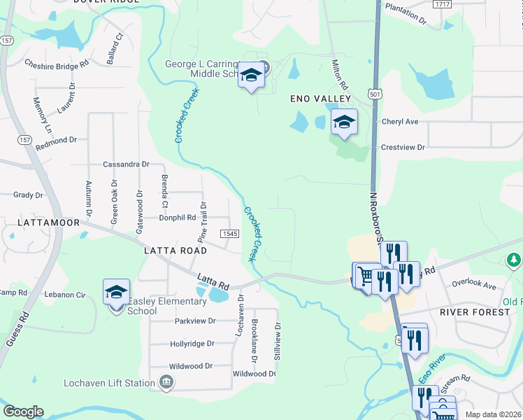 map of restaurants, bars, coffee shops, grocery stores, and more near 5063 McKittrick Ln in Durham