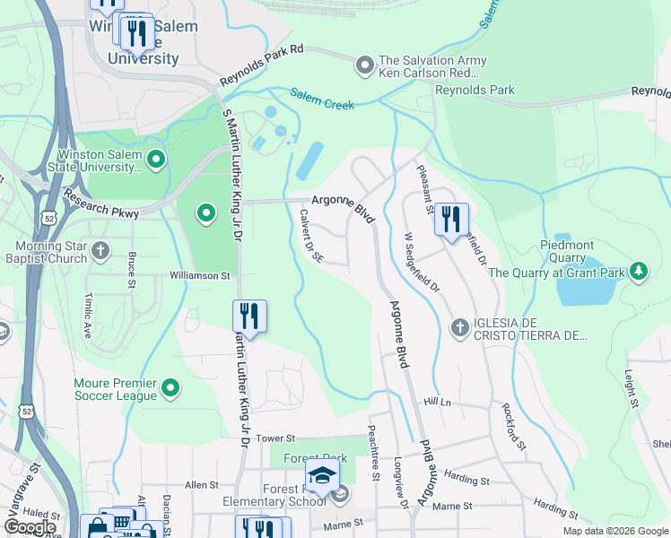 map of restaurants, bars, coffee shops, grocery stores, and more near 1352 Calvert Drive Southeast in Winston-Salem