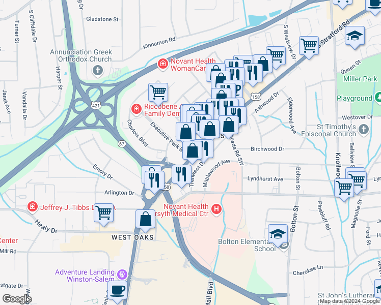 map of restaurants, bars, coffee shops, grocery stores, and more near 1020 South Stratford Road in Winston-Salem