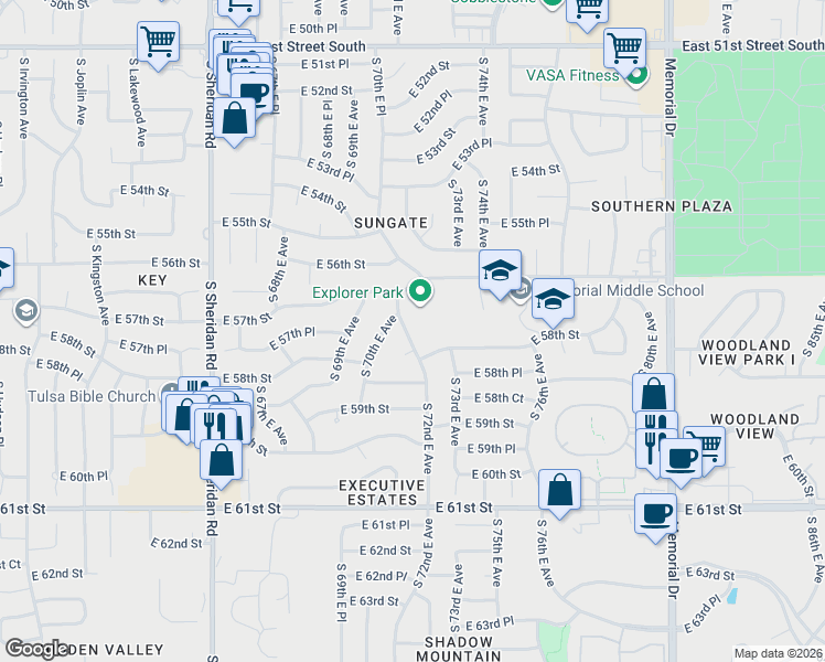 map of restaurants, bars, coffee shops, grocery stores, and more near 5739 South 72nd Avenue East in Tulsa