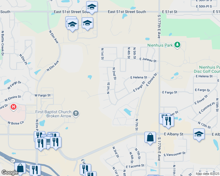 map of restaurants, bars, coffee shops, grocery stores, and more near 3001 North 1st Street in Broken Arrow