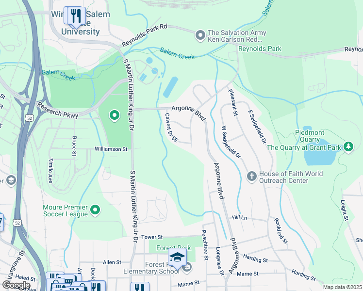 map of restaurants, bars, coffee shops, grocery stores, and more near 1348 Calvert Drive Southeast in Winston-Salem