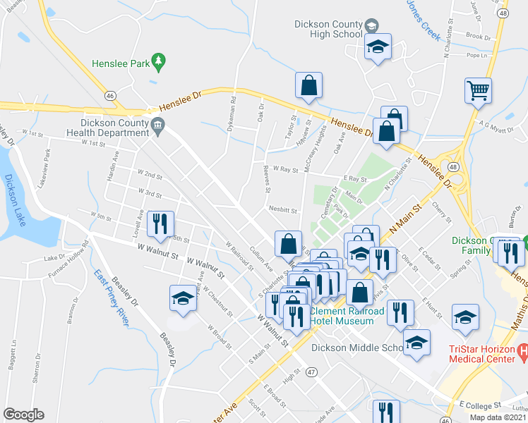 map of restaurants, bars, coffee shops, grocery stores, and more near 414 Murrell Street in Dickson