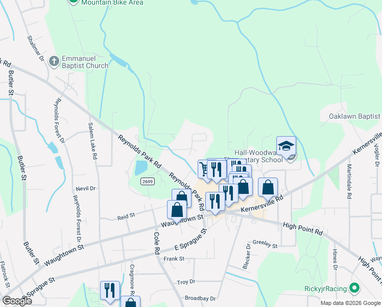 map of restaurants, bars, coffee shops, grocery stores, and more near 10 Salem Gardens Drive in Winston-Salem