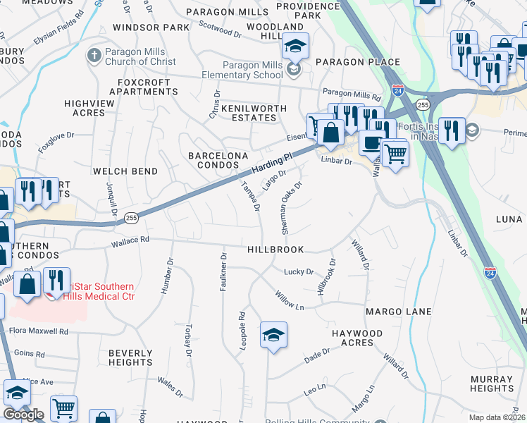 map of restaurants, bars, coffee shops, grocery stores, and more near 3682 Tampa Drive in Nashville