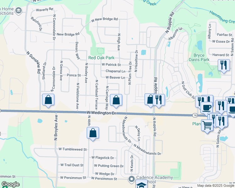 map of restaurants, bars, coffee shops, grocery stores, and more near 1285 North Chickadee Avenue in Fayetteville