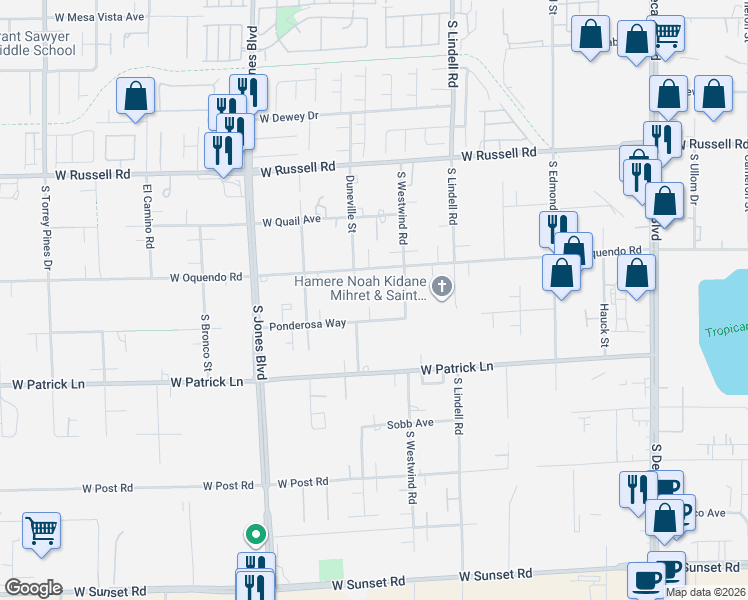 map of restaurants, bars, coffee shops, grocery stores, and more near 5830 Ponderosa Way in Las Vegas