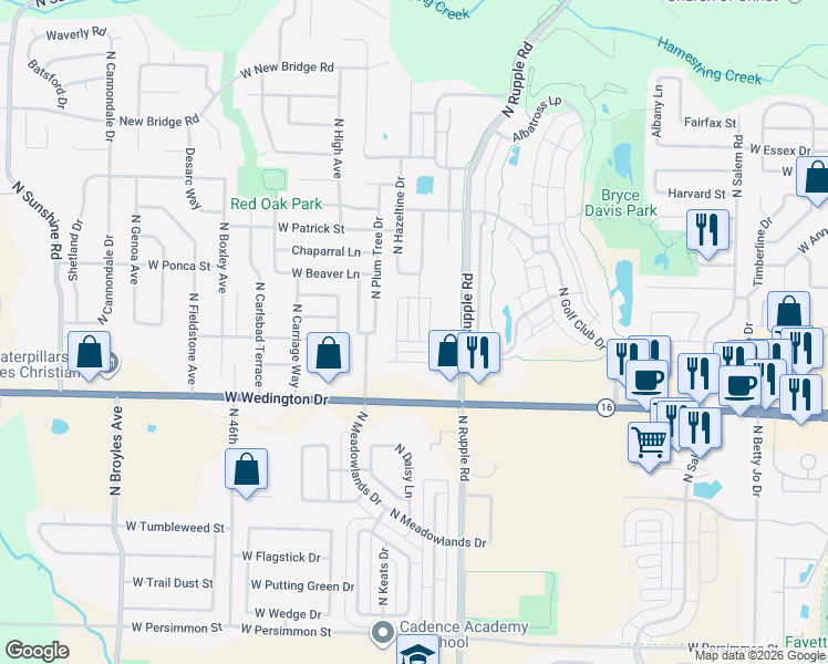 map of restaurants, bars, coffee shops, grocery stores, and more near 1285 North Corsica Drive in Fayetteville