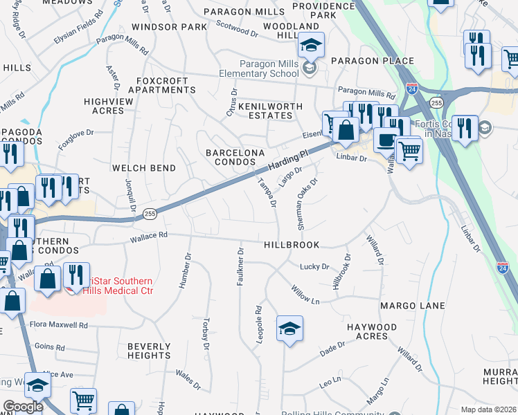 map of restaurants, bars, coffee shops, grocery stores, and more near 3686 Richbriar Circle in Nashville