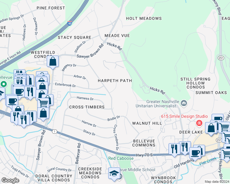 map of restaurants, bars, coffee shops, grocery stores, and more near 7329 Coronado Court in Nashville