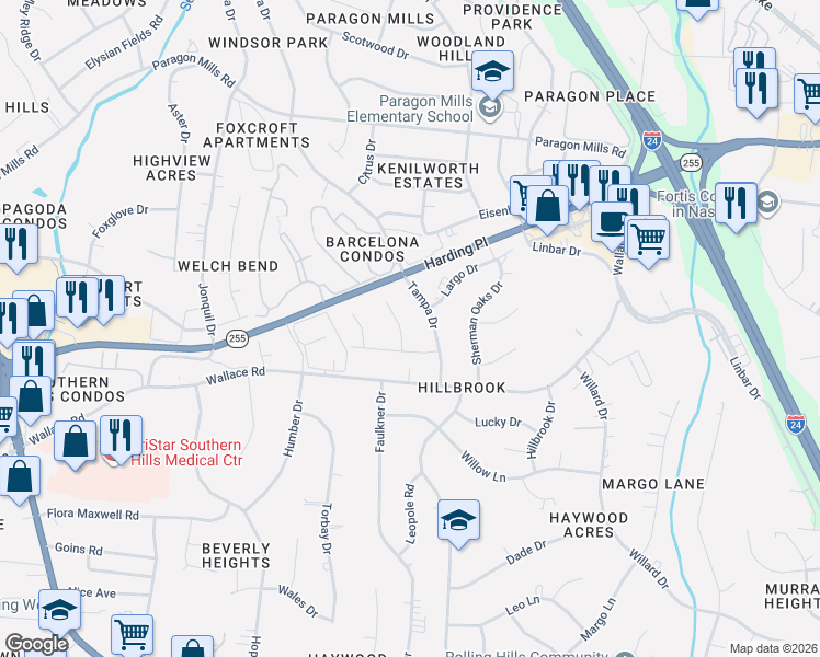 map of restaurants, bars, coffee shops, grocery stores, and more near 3686 Richbriar Circle in Nashville