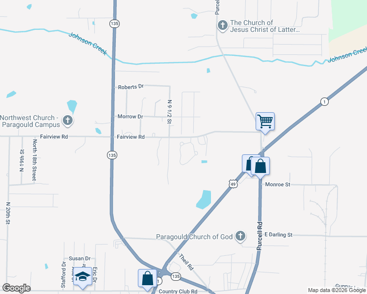map of restaurants, bars, coffee shops, grocery stores, and more near 50 Ashcraft Court in Paragould