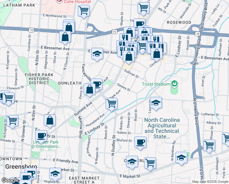 map of restaurants, bars, coffee shops, grocery stores, and more near 712 Summit Avenue in Greensboro