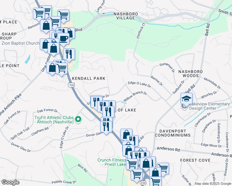 map of restaurants, bars, coffee shops, grocery stores, and more near 2540a Edge O Lake Drive in Nashville
