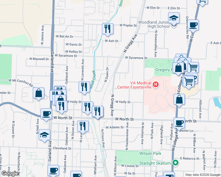 map of restaurants, bars, coffee shops, grocery stores, and more near 1361 North Hog Trough Drive in Fayetteville