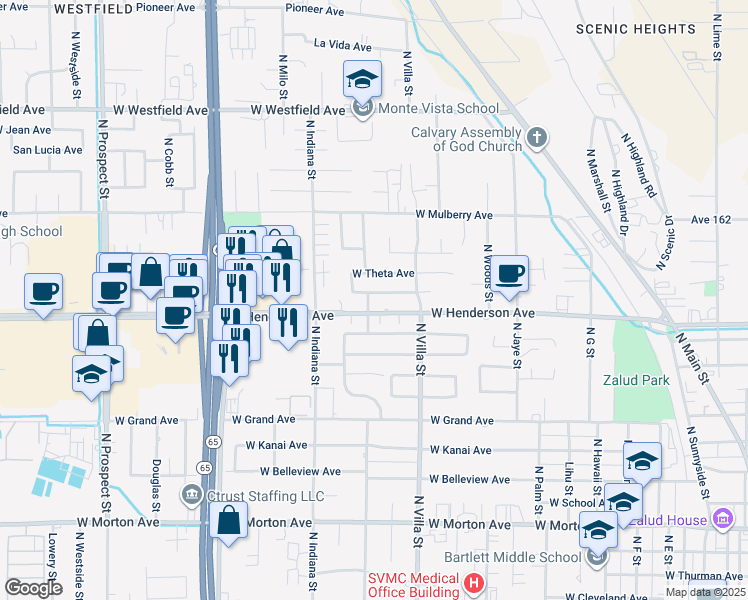 map of restaurants, bars, coffee shops, grocery stores, and more near 689 McComb Avenue in Porterville