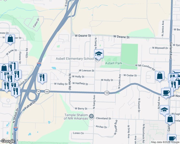 map of restaurants, bars, coffee shops, grocery stores, and more near 2135 West Lawson Street in Fayetteville