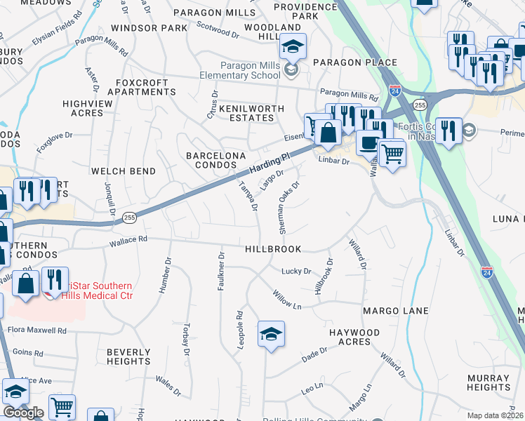 map of restaurants, bars, coffee shops, grocery stores, and more near 3682 Tampa Drive in Nashville