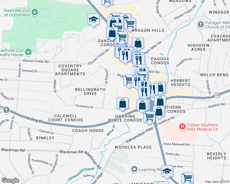 map of restaurants, bars, coffee shops, grocery stores, and more near 4835 Sheffield Drive in Nashville