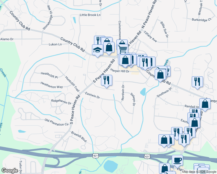 map of restaurants, bars, coffee shops, grocery stores, and more near 137 Sterling Point Court in Winston-Salem