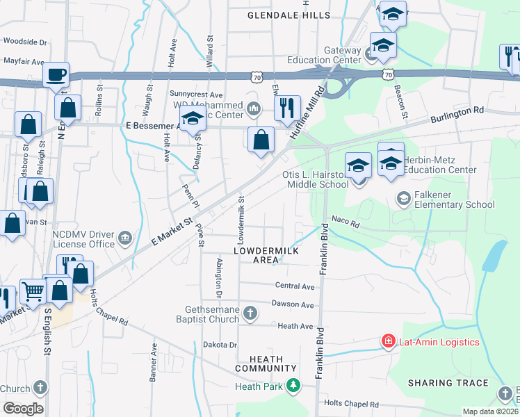 map of restaurants, bars, coffee shops, grocery stores, and more near 3710 Cameron Ave in Greensboro