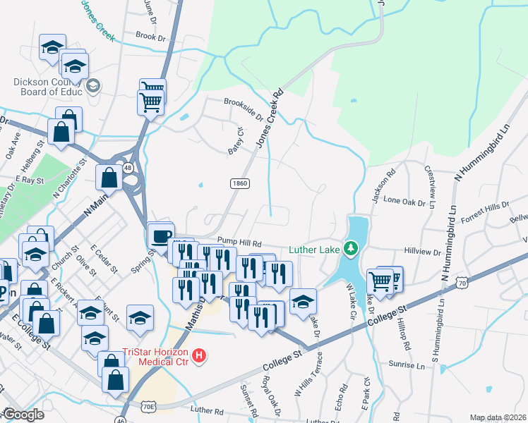 map of restaurants, bars, coffee shops, grocery stores, and more near 511 Leeza Loop in Dickson