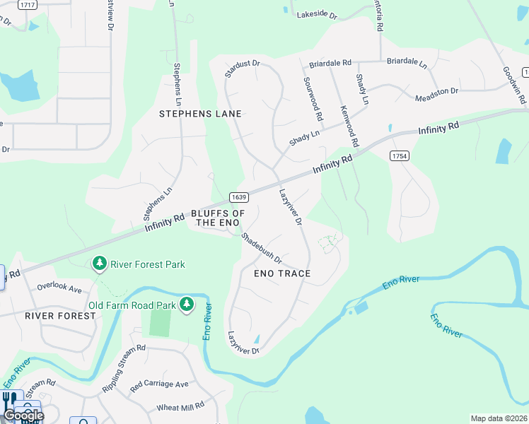 map of restaurants, bars, coffee shops, grocery stores, and more near 16 Pedestal Rock Lane in Durham
