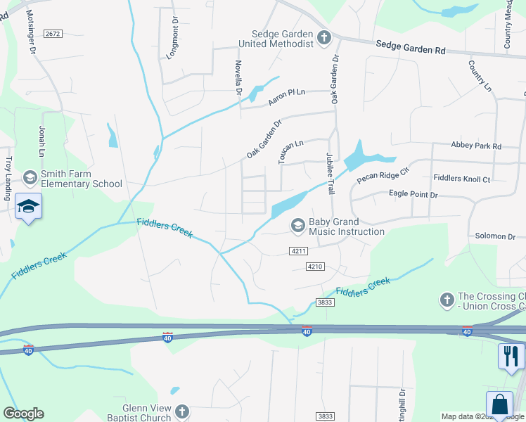 map of restaurants, bars, coffee shops, grocery stores, and more near 5147 Fiddlers Run Drive in Kernersville