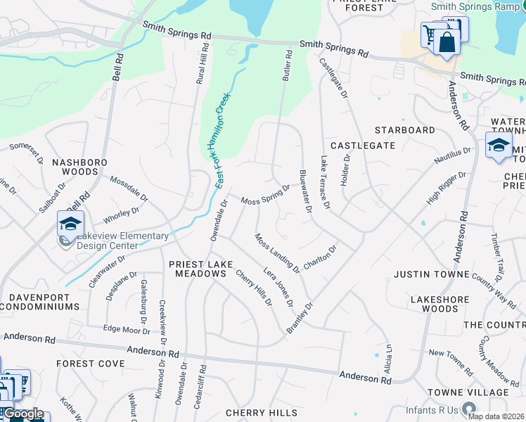 map of restaurants, bars, coffee shops, grocery stores, and more near 594 Moss Landing Drive in Nashville