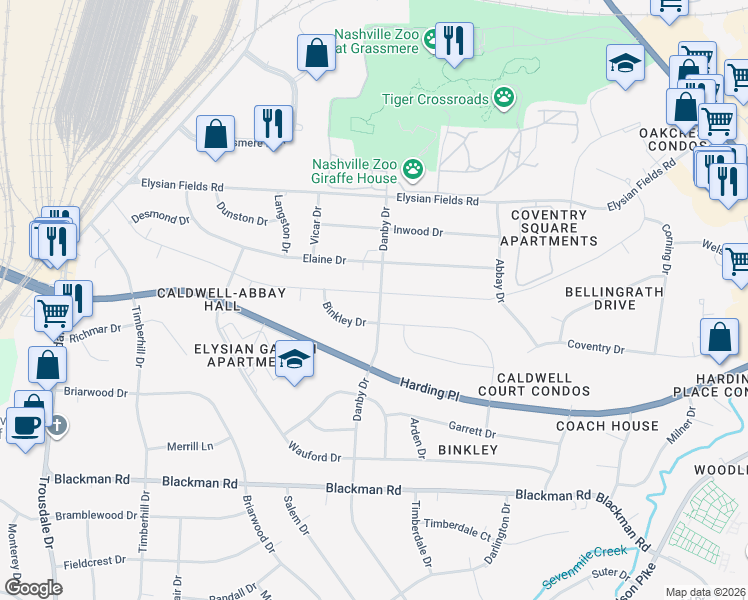 map of restaurants, bars, coffee shops, grocery stores, and more near 4725 Danby Drive in Nashville
