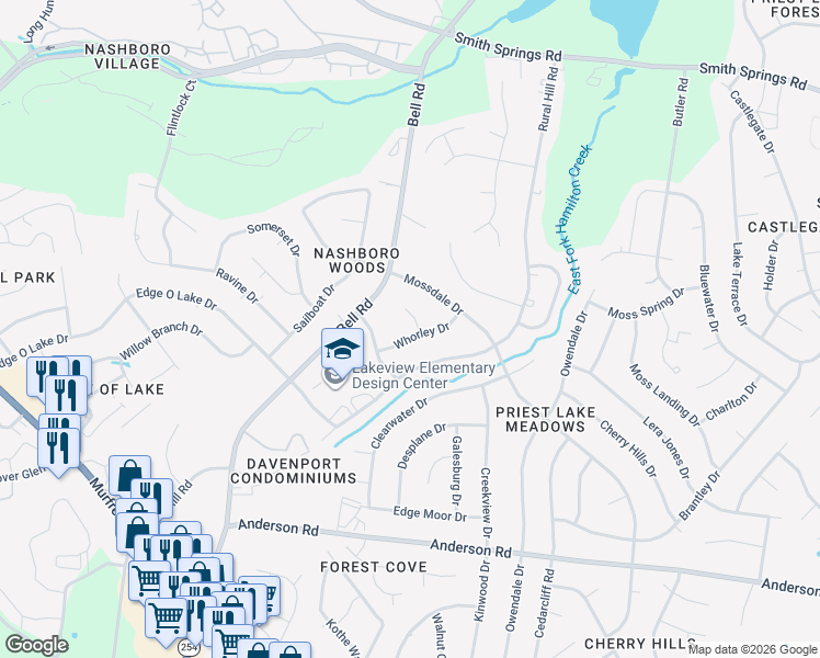 map of restaurants, bars, coffee shops, grocery stores, and more near 213 Whorley Drive in Nashville