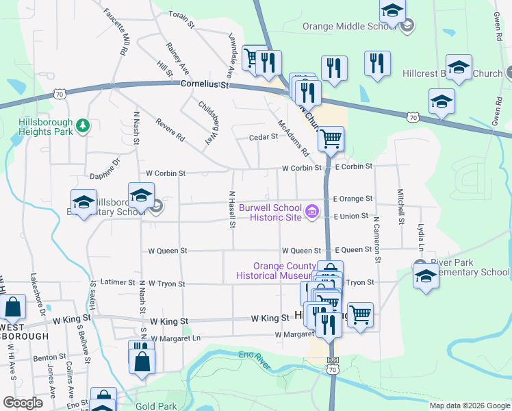 map of restaurants, bars, coffee shops, grocery stores, and more near 215 West Orange Street in Hillsborough
