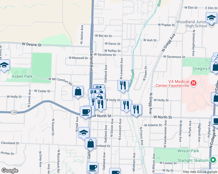 map of restaurants, bars, coffee shops, grocery stores, and more near 1381 Oakland Avenue in Fayetteville