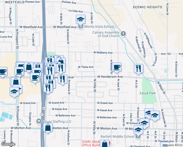 map of restaurants, bars, coffee shops, grocery stores, and more near 629 McComb Avenue in Porterville