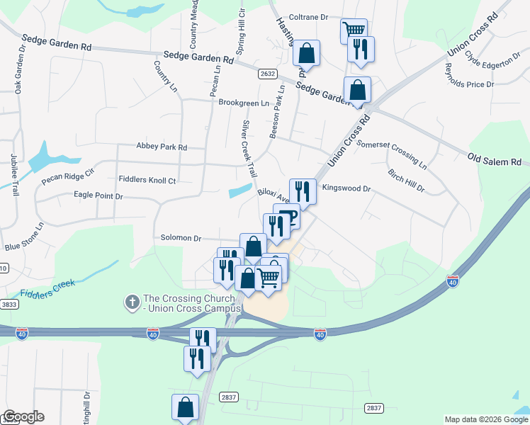 map of restaurants, bars, coffee shops, grocery stores, and more near 445 Silver Creek Trail in Kernersville