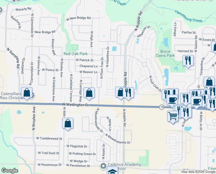 map of restaurants, bars, coffee shops, grocery stores, and more near 1285 North Corsica Drive in Fayetteville