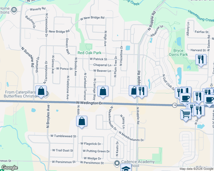 map of restaurants, bars, coffee shops, grocery stores, and more near 1285 North Chickadee Avenue in Fayetteville