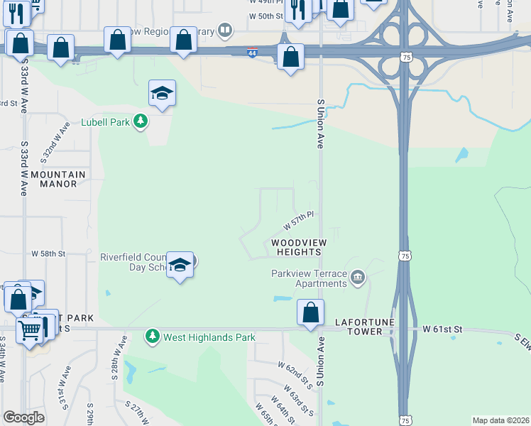 map of restaurants, bars, coffee shops, grocery stores, and more near 5643 South Xenophon Avenue in Tulsa