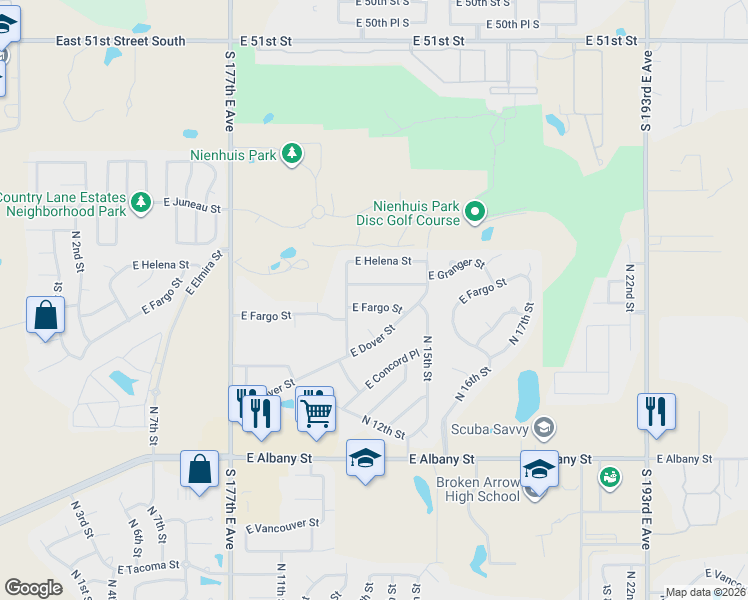 map of restaurants, bars, coffee shops, grocery stores, and more near 1412 East Fargo Street in Broken Arrow