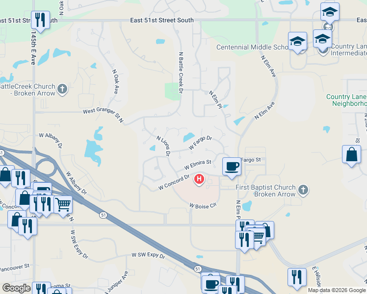 map of restaurants, bars, coffee shops, grocery stores, and more near 1100 West Fargo Drive in Broken Arrow